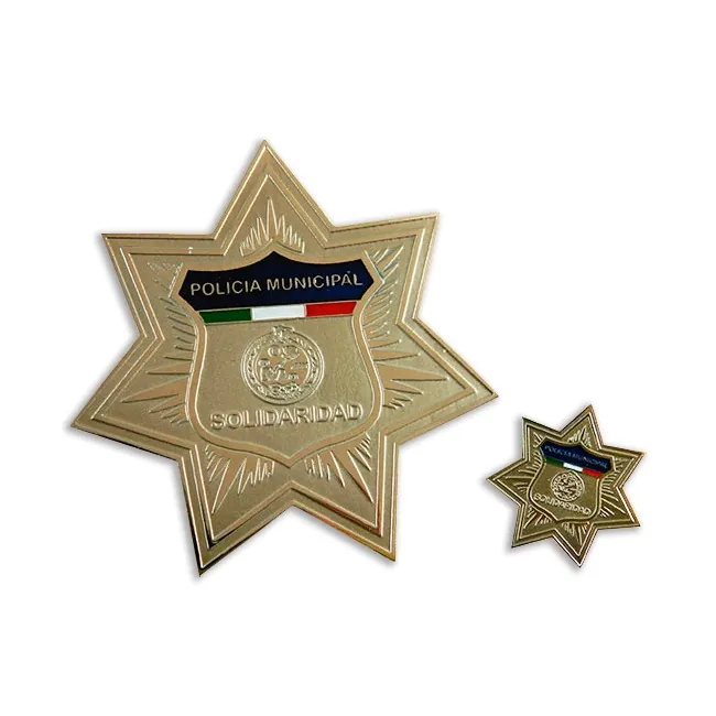 Insignias en forma de estrella con escudo y bandera para policía municipal