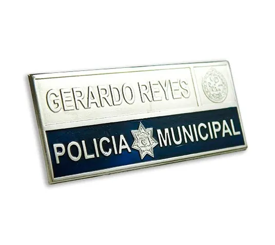 Placa de identificación en ABS para policía municipal con nombre grabado y escudo a color