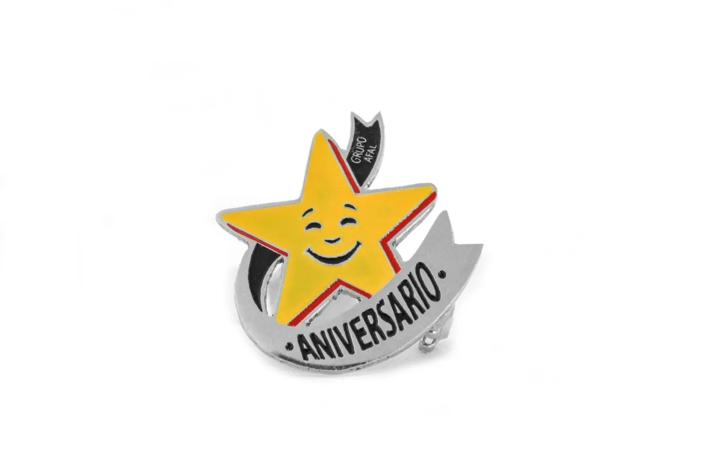 Pin de aniversario en forma de estrella a full color con listón