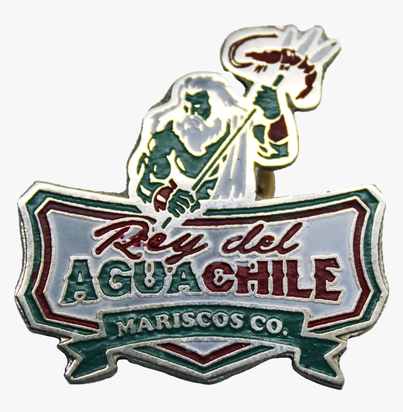 Pin troquelado a color con la mascota de Rey del Aguachile Mariscos